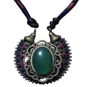 Bohemian Statement Necklace Jade Green Stone Pendant Multicolored Beaded Cord